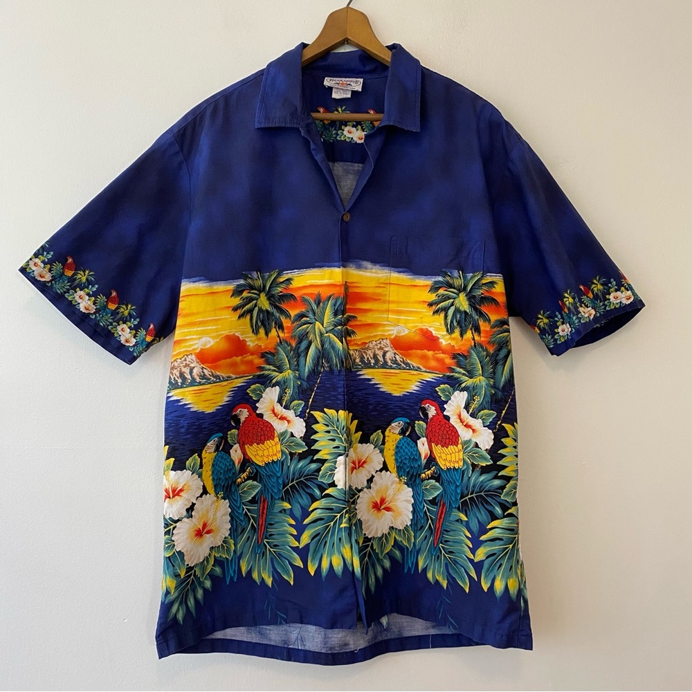 Pacific Legend Apparel made in Hawaii USA button front shirt parrot sunset